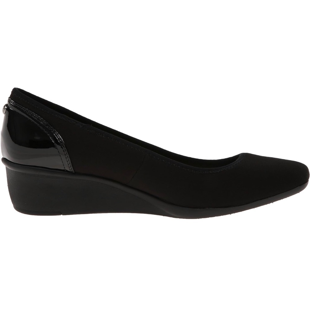 Never worn, black, square-round toe, soft fabric upper, low wedge, padded insole